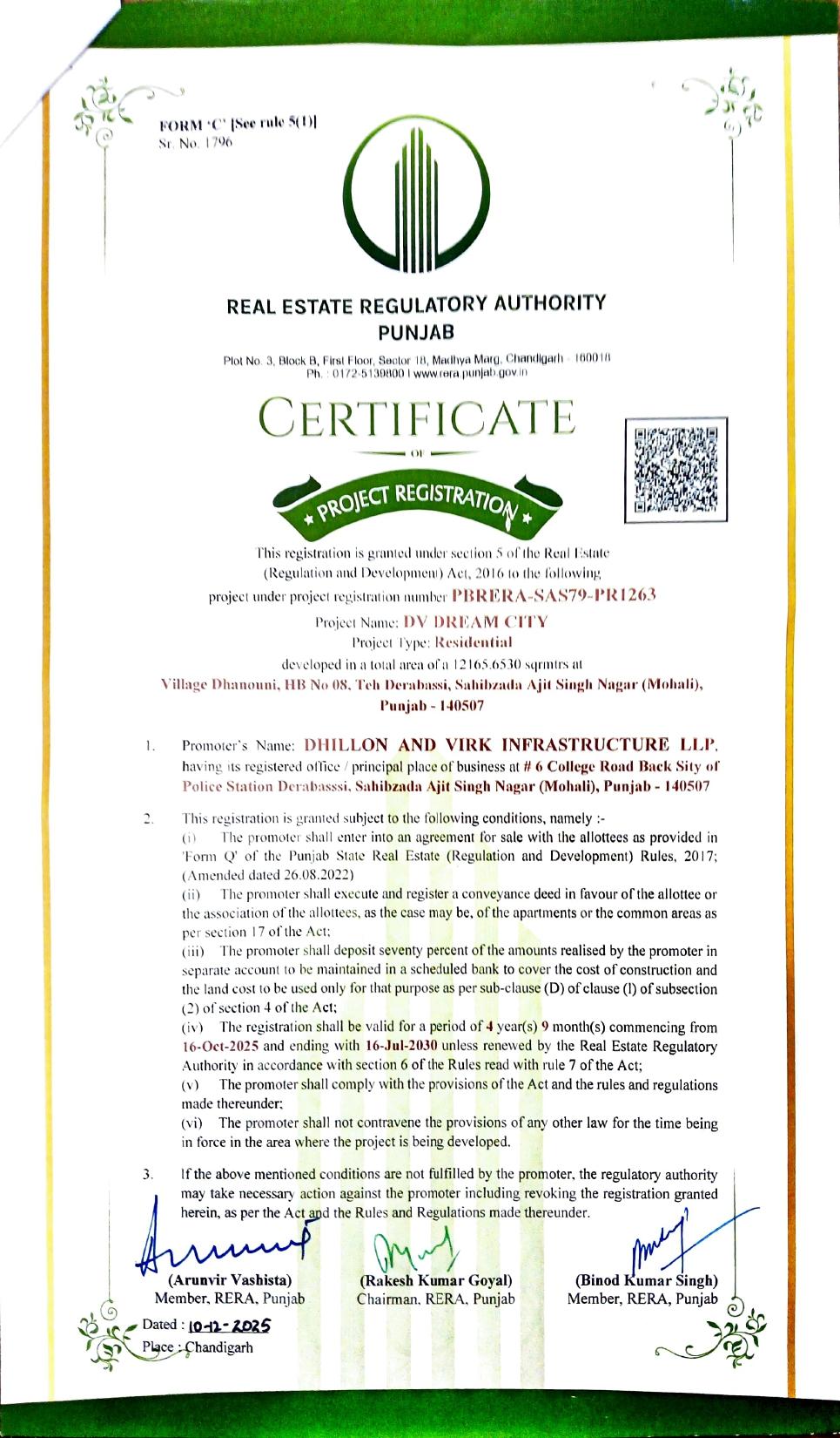 RERA certificate for DV Dream City